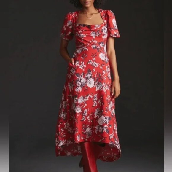 Anthropologie Maeve Red Floral Puff Sleeve Midi Dress - Picture 2 of 16
